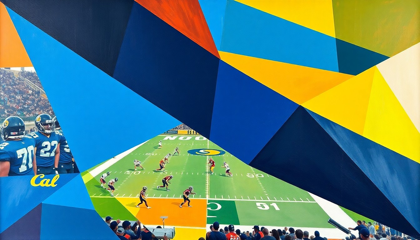 A cubist, fragmented painting depicting a college football game, with players and the field broken down into sharp, overlapping geometric shapes and planes in the official colors of the Cal Bears and their opponent.