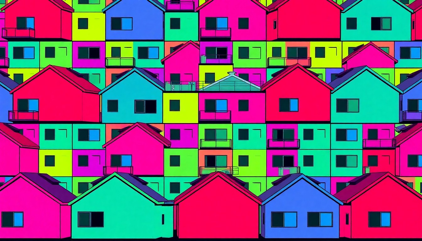 A bold, colorful silkscreen-style illustration featuring a repeated pattern of a modular housing unit in vibrant neon shades, conceptually representing Atlanta's innovative rapid housing initiative to address homelessness.
