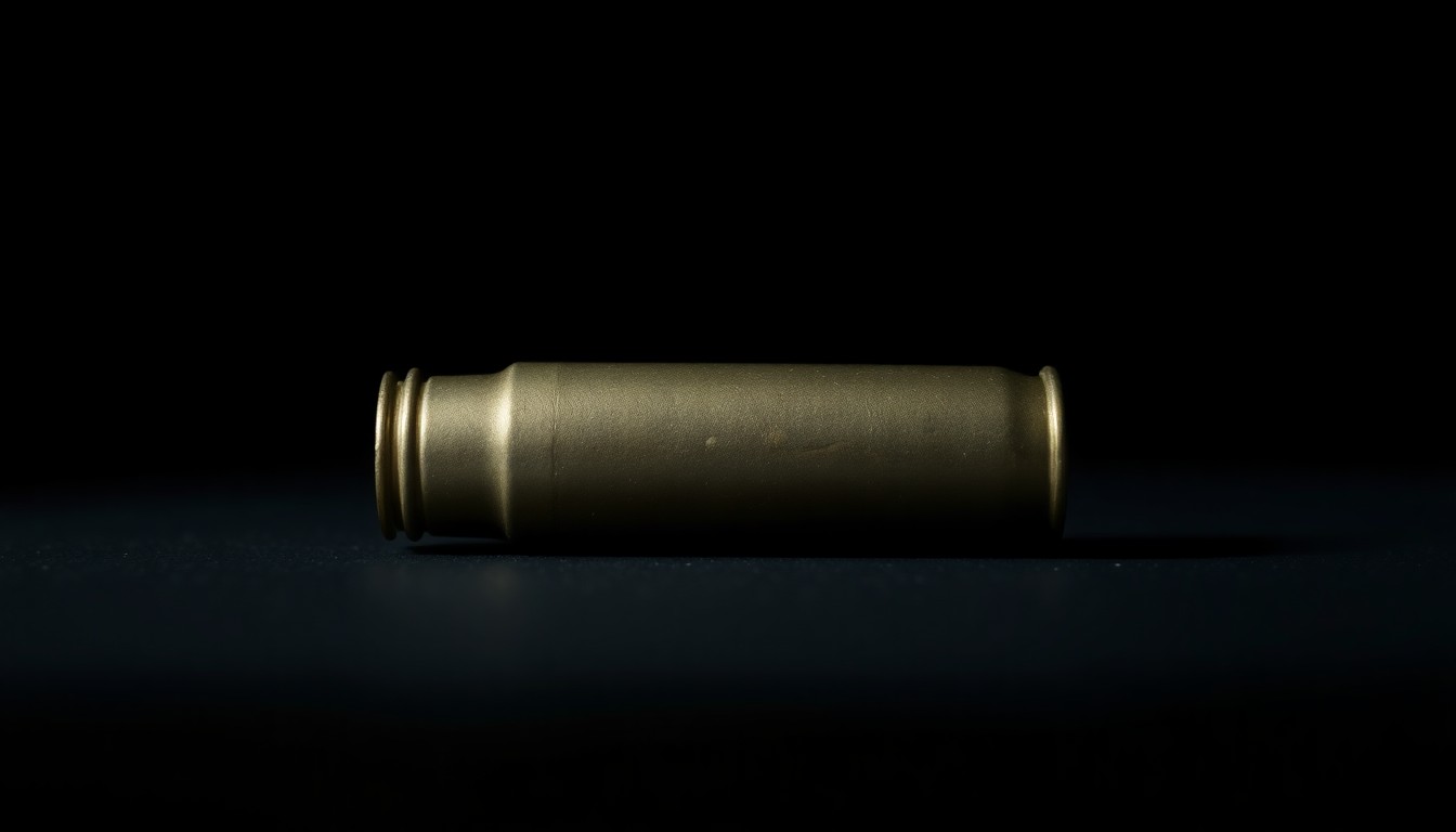 An extreme close-up photograph of a single bullet casing on a dark background, lit by a harsh, direct camera flash, conceptually representing the violence and trauma experienced by a domestic abuse survivor.