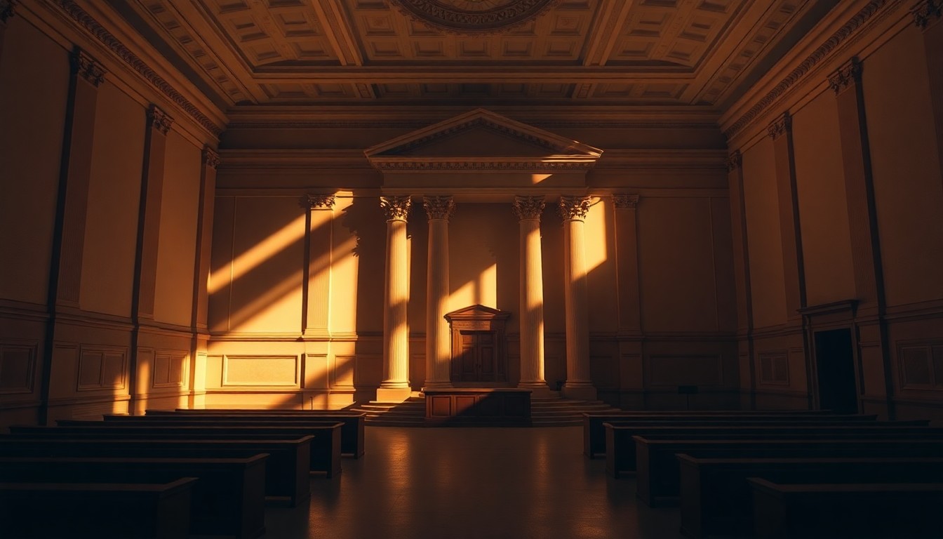 A serene, cinematic painting of an empty Indiana state courthouse interior, with warm sunlight streaming through the windows and deep shadows casting a contemplative mood, conceptually representing the weighty judicial decision ahead.