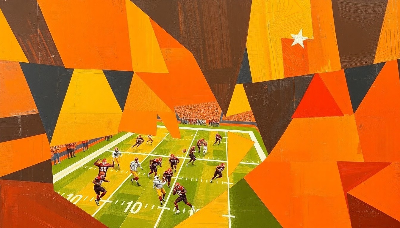 A fragmented, multi-angled painting depicting a football game in the style of Pablo Picasso, using sharp, overlapping shapes and the Browns' official team colors to conceptually represent the team's offensive priorities heading into the draft.