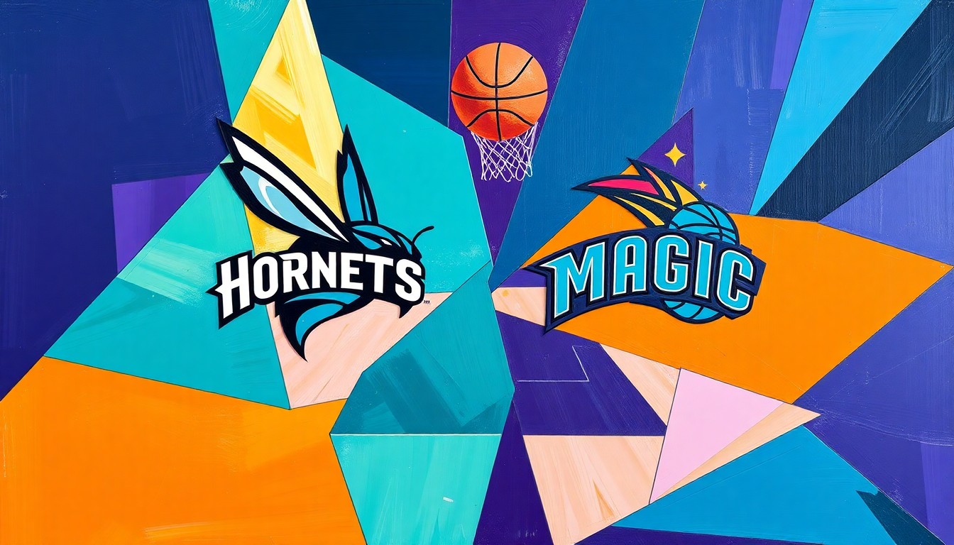 A fractured, cubist-style painting depicting the action of a basketball game, with the players and court broken down into sharp, overlapping geometric shapes in vibrant teal, purple, and orange hues, capturing the intensity and energy of the playoff-caliber matchup.
