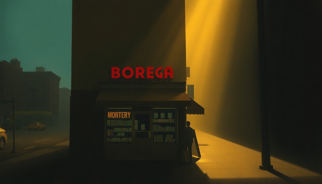 A photorealistic painting of a small, independent grocery store in New York City, with warm sunlight streaming through the windows and deep shadows cast across the storefront. The scene conveys a sense of quiet urban melancholy and the challenges facing local businesses.