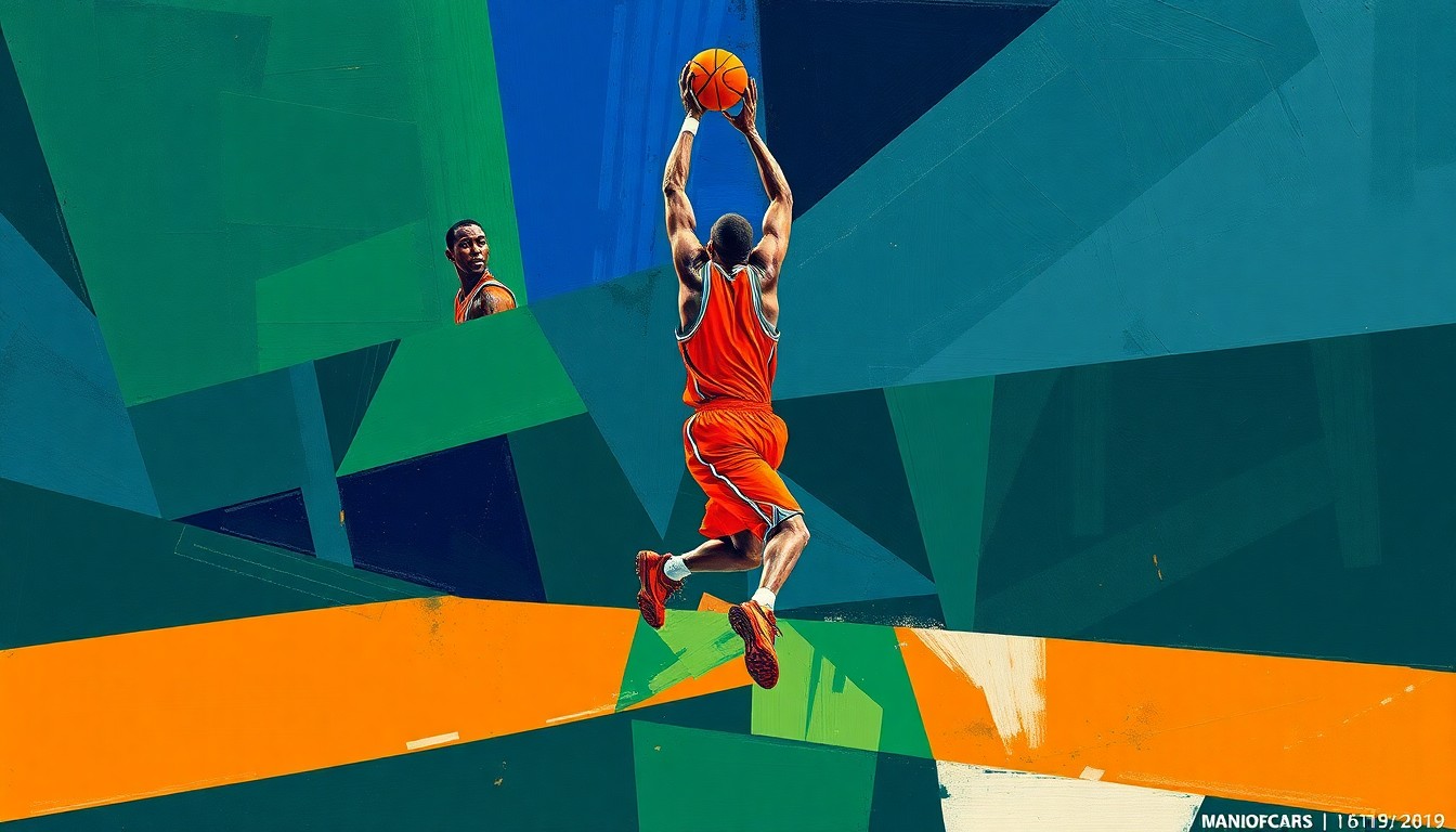 A fractured, cubist-style painting depicting the silhouette of a basketball player in motion, broken down into overlapping geometric shapes in shades of navy, green, and orange, conceptually representing a shift in a player's career path.