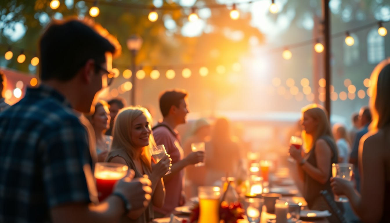 An abstract, out-of-focus photograph of an outdoor event, with blurred figures enjoying food and drinks surrounded by warm, colorful pools of light, conveying a celebratory and community-focused atmosphere.