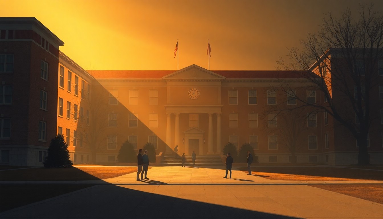 A serene, cinematic painting of a university building with students gathered outside, conveying a sense of contemplation and dialogue through the use of warm lighting and deep shadows.