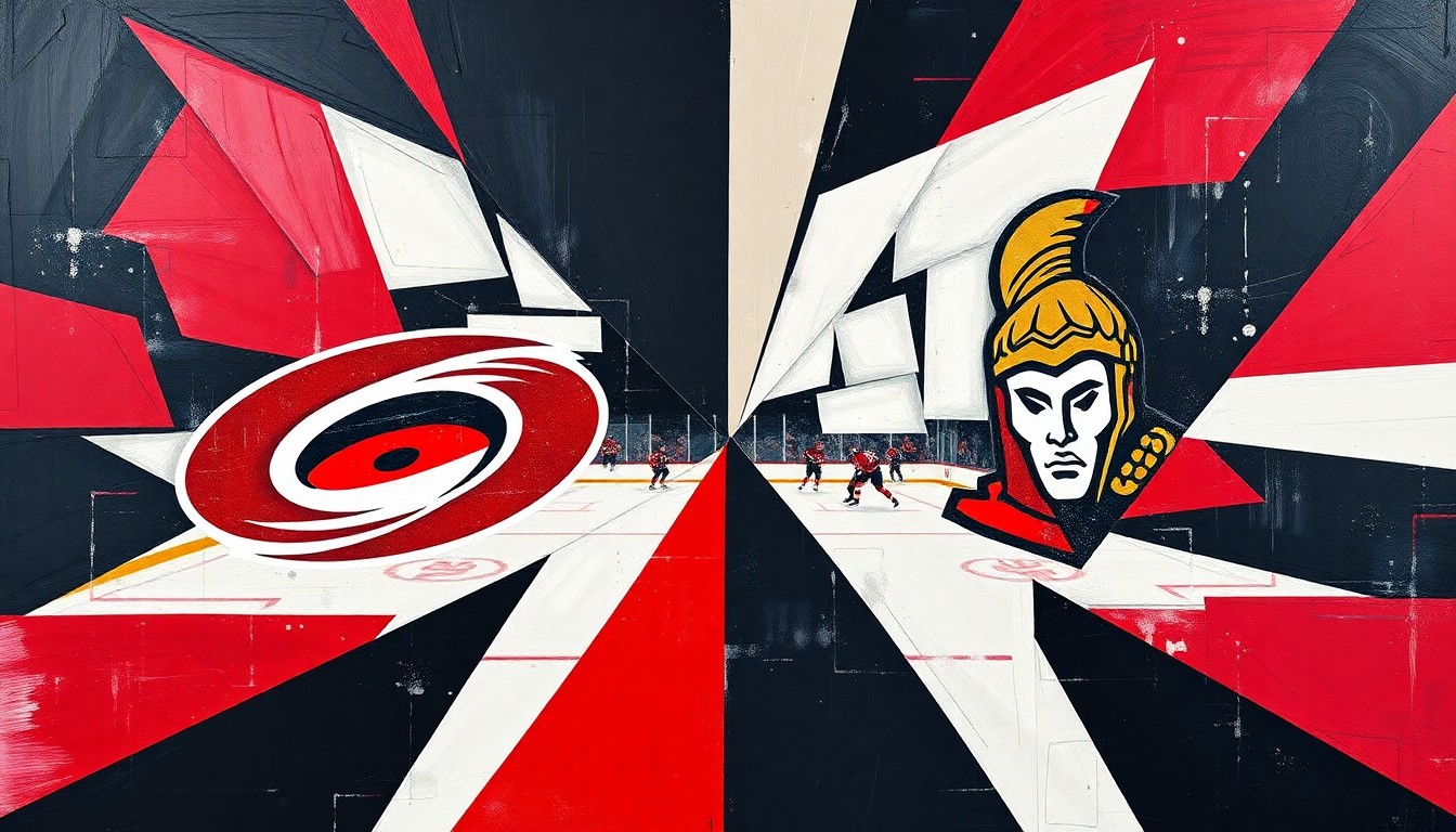 A cubist, fragmented painting depicting the action and energy of a hockey game, with sharp geometric shapes and planes in the primary colors of the Carolina Hurricanes and Ottawa Senators.