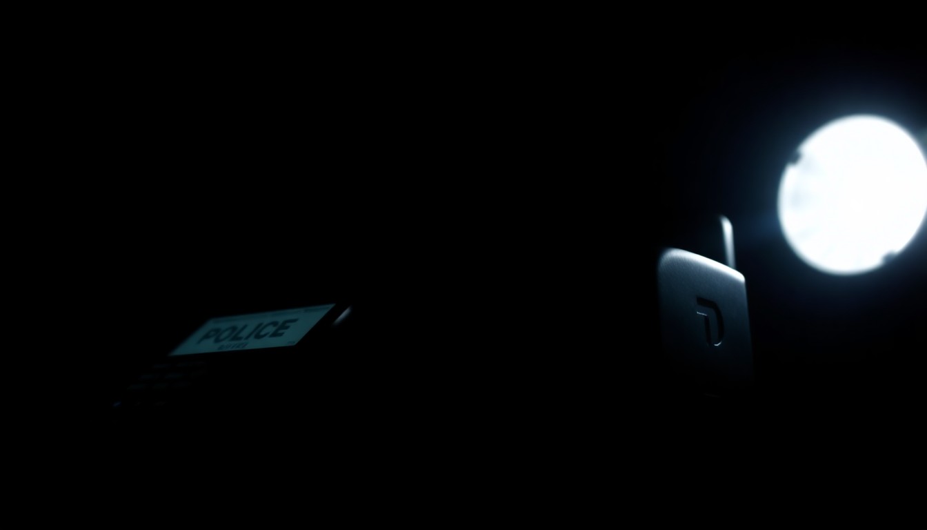 An extreme close-up photograph of a police radio or other law enforcement equipment, the harsh flash illuminating the textured surface and creating dramatic shadows, conveying the serious, investigative nature of the school threat response.