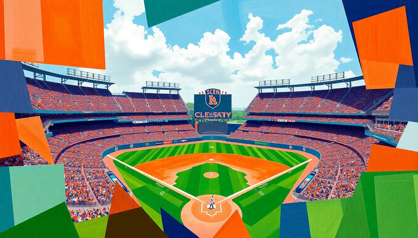 A cubist, geometric painting depicting the action of a college baseball game, with sharp, overlapping planes of Clemson orange and Virginia blue colors.