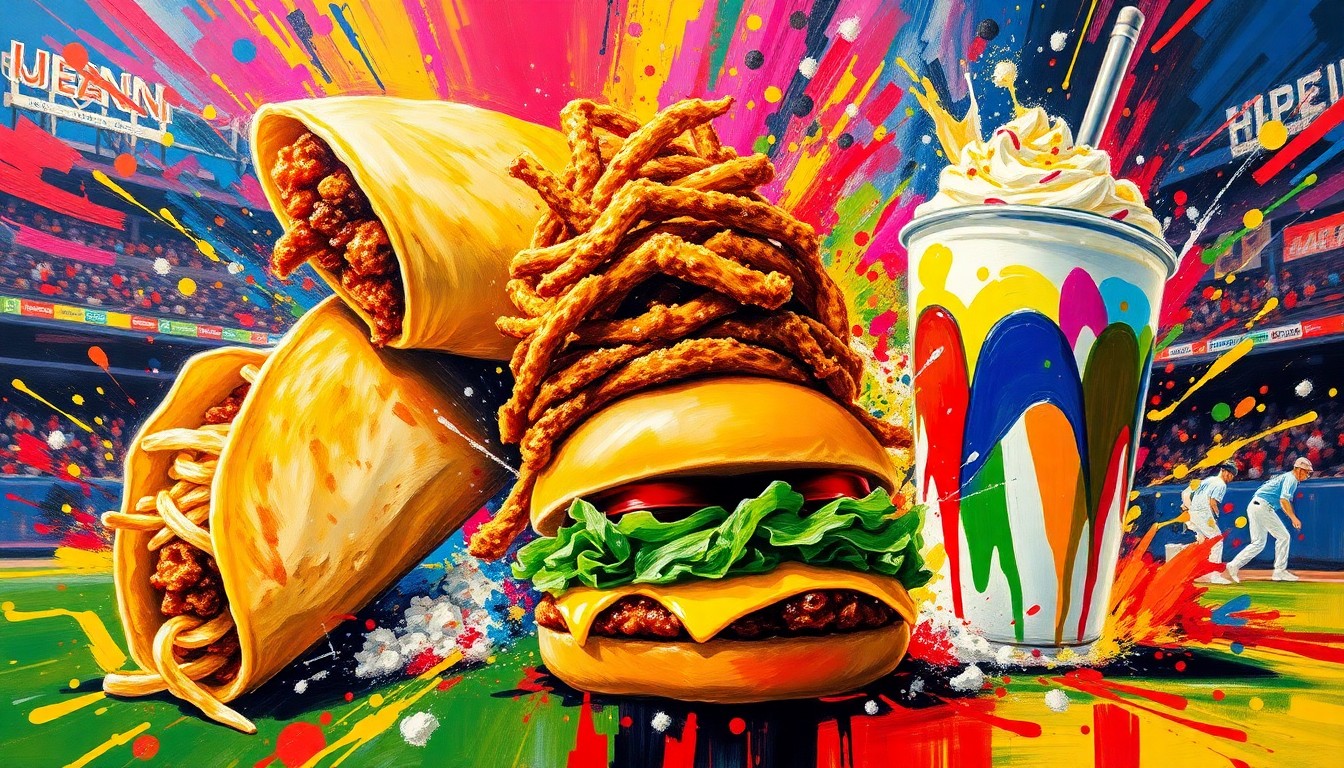 An abstract, expressionist painting featuring vibrant, neon-colored brushstrokes that capture the dynamic movement and energy of various baseball stadium food items, including a giant tortilla, a towering chicken sandwich, and a colorful milkshake, all blending together in a visually striking and conceptual manner.