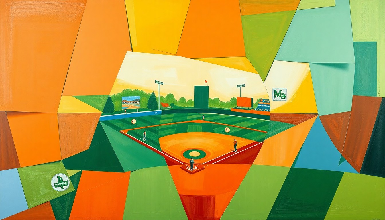 A fragmented, cubist-style painting depicting a softball game, with sharp geometric shapes and planes of vibrant orange, green, and blue colors representing the dynamic motion and energy of the sport.