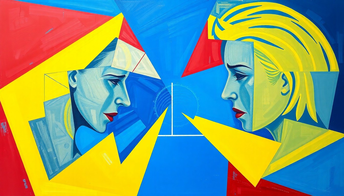 A cubist-inspired painting depicting a tennis match between two players, with their movements and the court itself broken down into sharp, geometric shapes and planes of vibrant colors, capturing the dynamic and strategic nature of the sport.