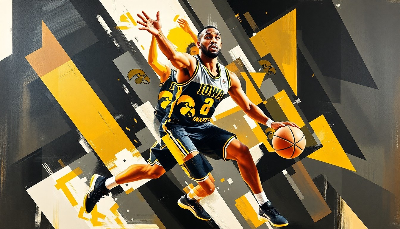 A cubist-style painting depicting a basketball player's movement broken down into fragmented, overlapping geometric shapes in Iowa's team colors of black, gold, and white.