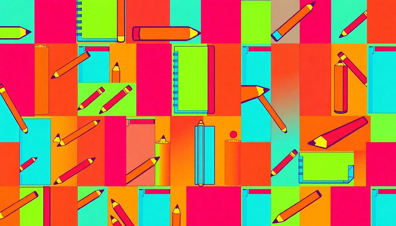 A bold, colorful silkscreen-style illustration featuring a repeated pattern of a school supply item, such as a pencil or notebook, in a grid layout with overlapping neon colors and heavy black outlines, conveying the creative energy and collective voice of the Laguna Beach school community rally.