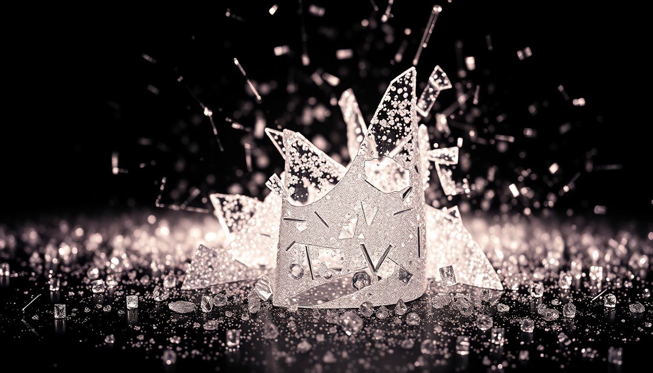 An extreme close-up photograph of shimmering, fractured glass in dramatic high-contrast lighting, conveying the fragility and allure of celebrity culture.