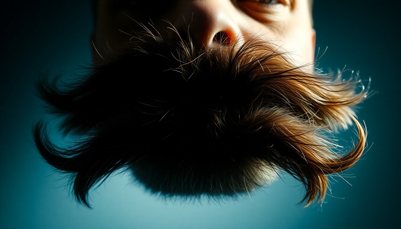 An extreme close-up photograph of a thick, bushy mustache in dramatic, high-contrast studio lighting, capturing the signature visual style of radio personality Bob Kevoian in a conceptual, glamorous texture.