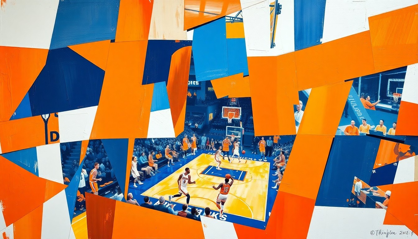 A fractured, multi-perspective painting in bold, vibrant colors depicting a Knicks basketball game or playoff action, broken down into sharp, overlapping geometric planes to conceptually represent the strategic analysis of the team's path to the NBA Finals.