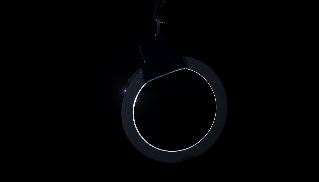 An extreme close-up of a police handcuff against a pitch-black background, lit by a harsh, direct camera flash, conceptually illustrating the risks officers face when making arrests.