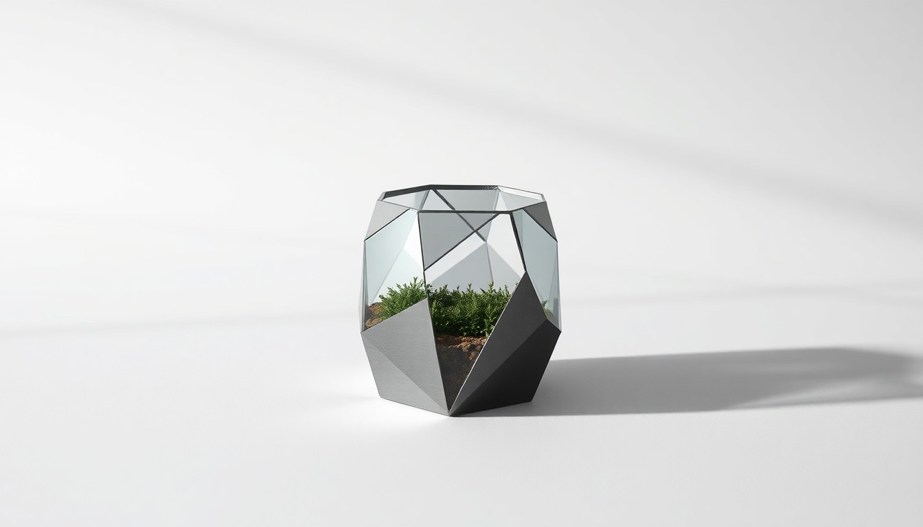 A highly detailed, photorealistic studio photograph of a polished, geometric fertilizer container made of brushed metal and glass, resting on a clean, monochromatic background and illuminated by dramatic studio lighting to convey a sense of corporate strategy and market performance.