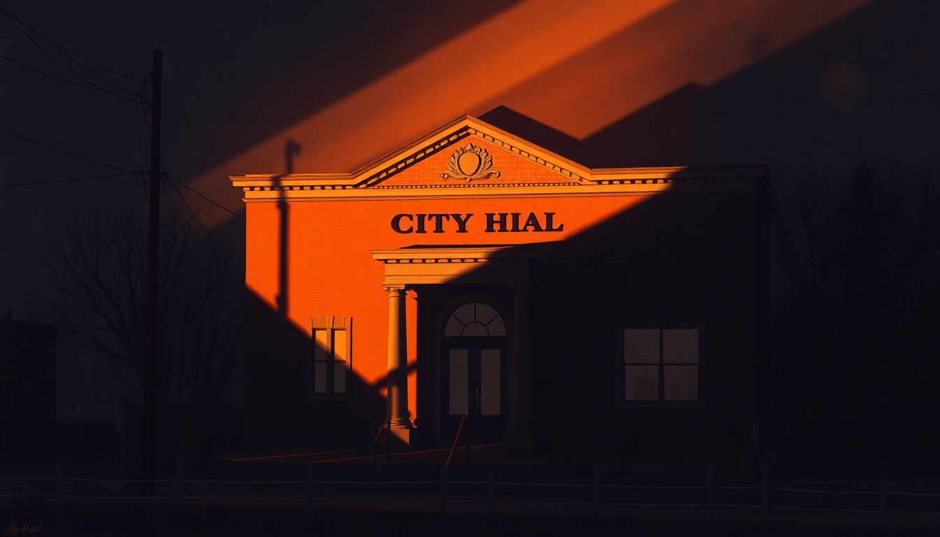 A photorealistic painting of a municipal government building in warm, golden sunlight, with deep shadows across the facade, capturing a sense of civic duty and community investment.