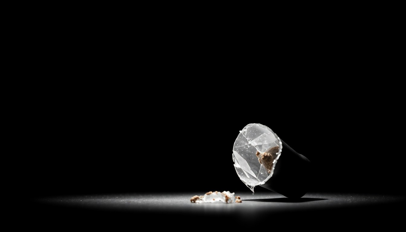 An extreme close-up photograph of a broken piece of glass reflecting a harsh, direct camera flash, conceptually illustrating the aftermath of a violent assault.