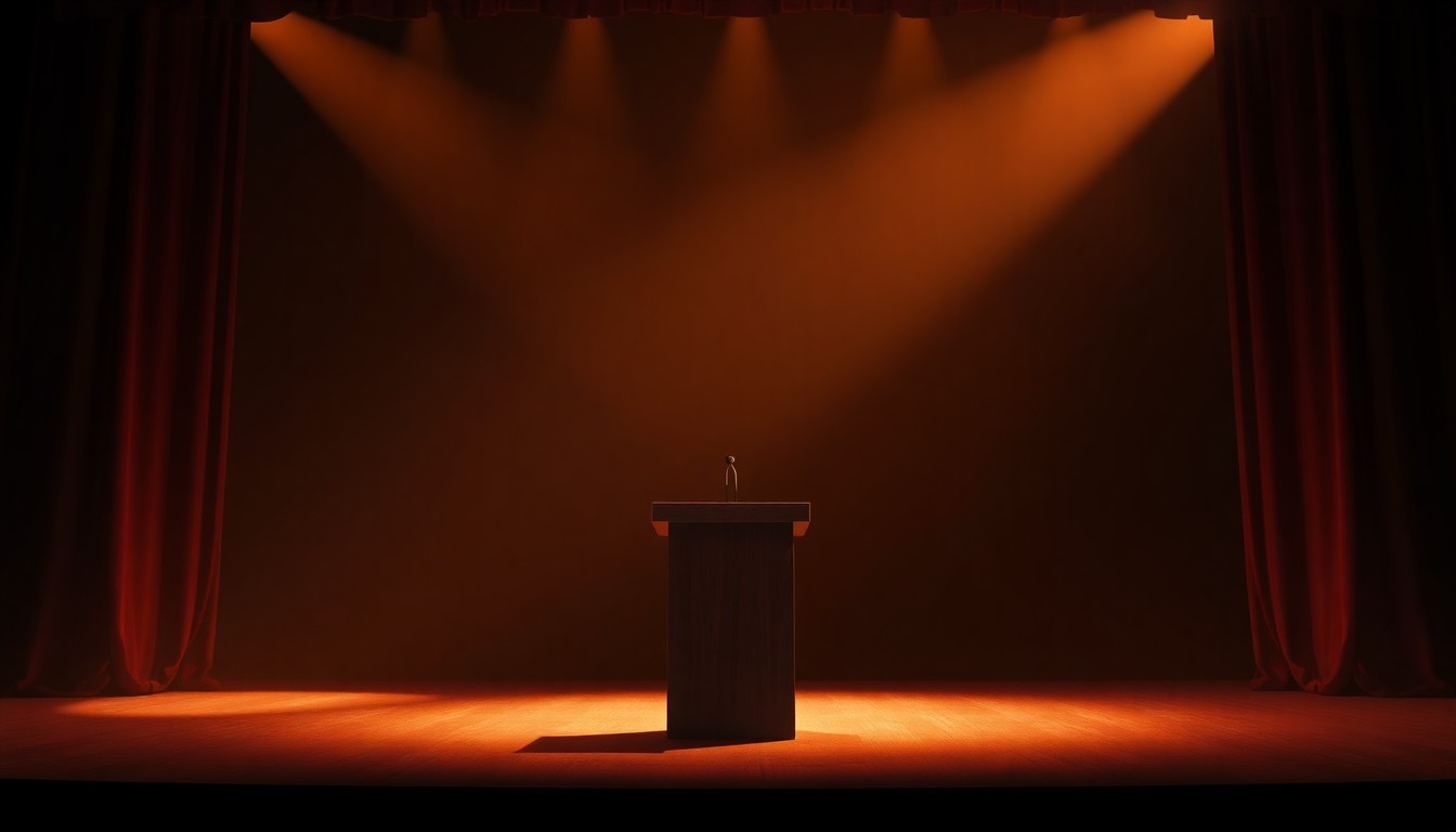 A solitary podium standing alone on a dimly lit stage, the warm sunlight casting deep shadows and creating a sense of nostalgia and lingering influence.