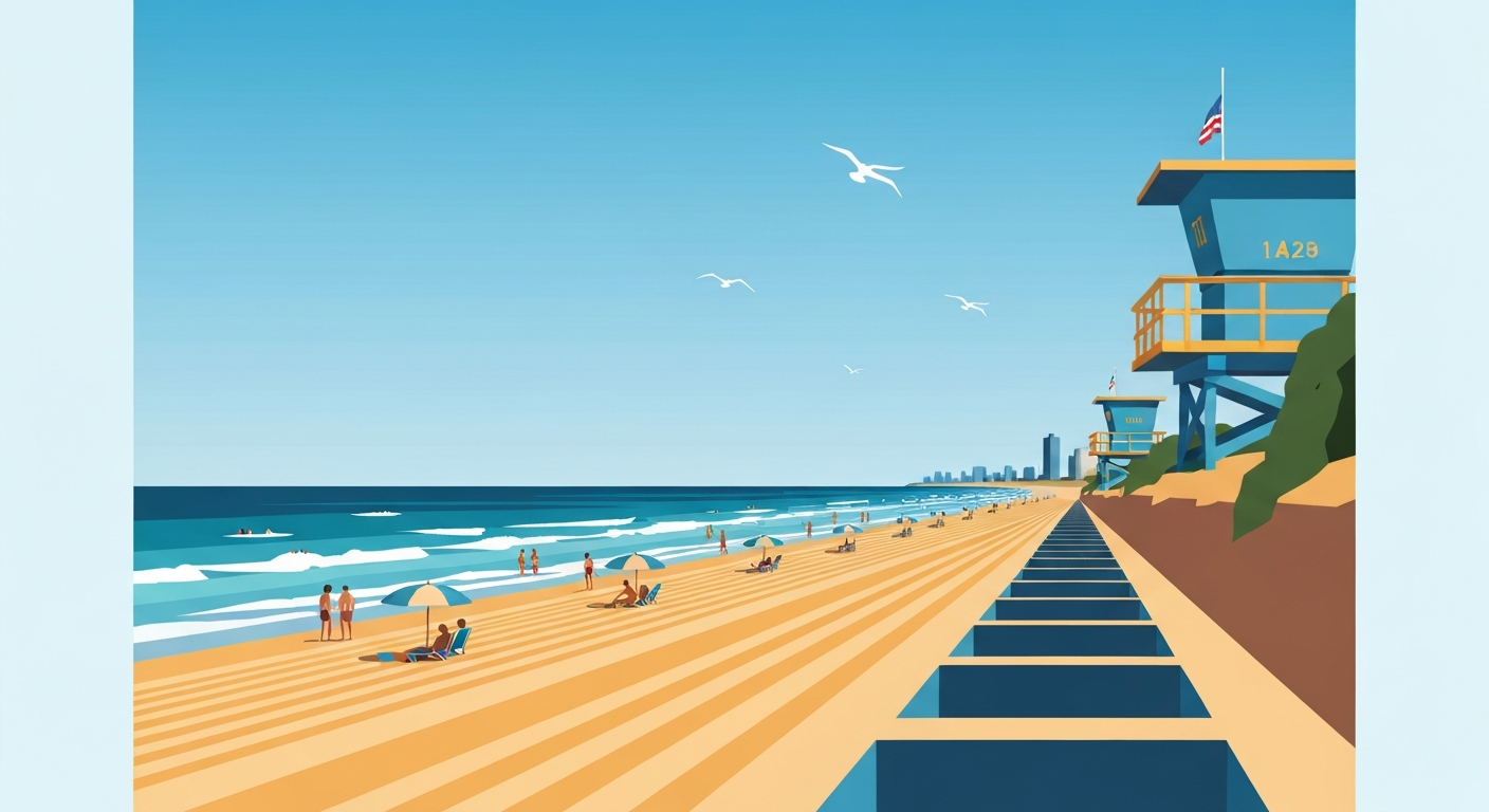 A bold, geometric illustration in the Art Deco style, depicting a sweeping view of a sun-drenched beach and ocean, with lifeguard towers and beachgoers in the distance, capturing the grand scale and romance of the travel destination.