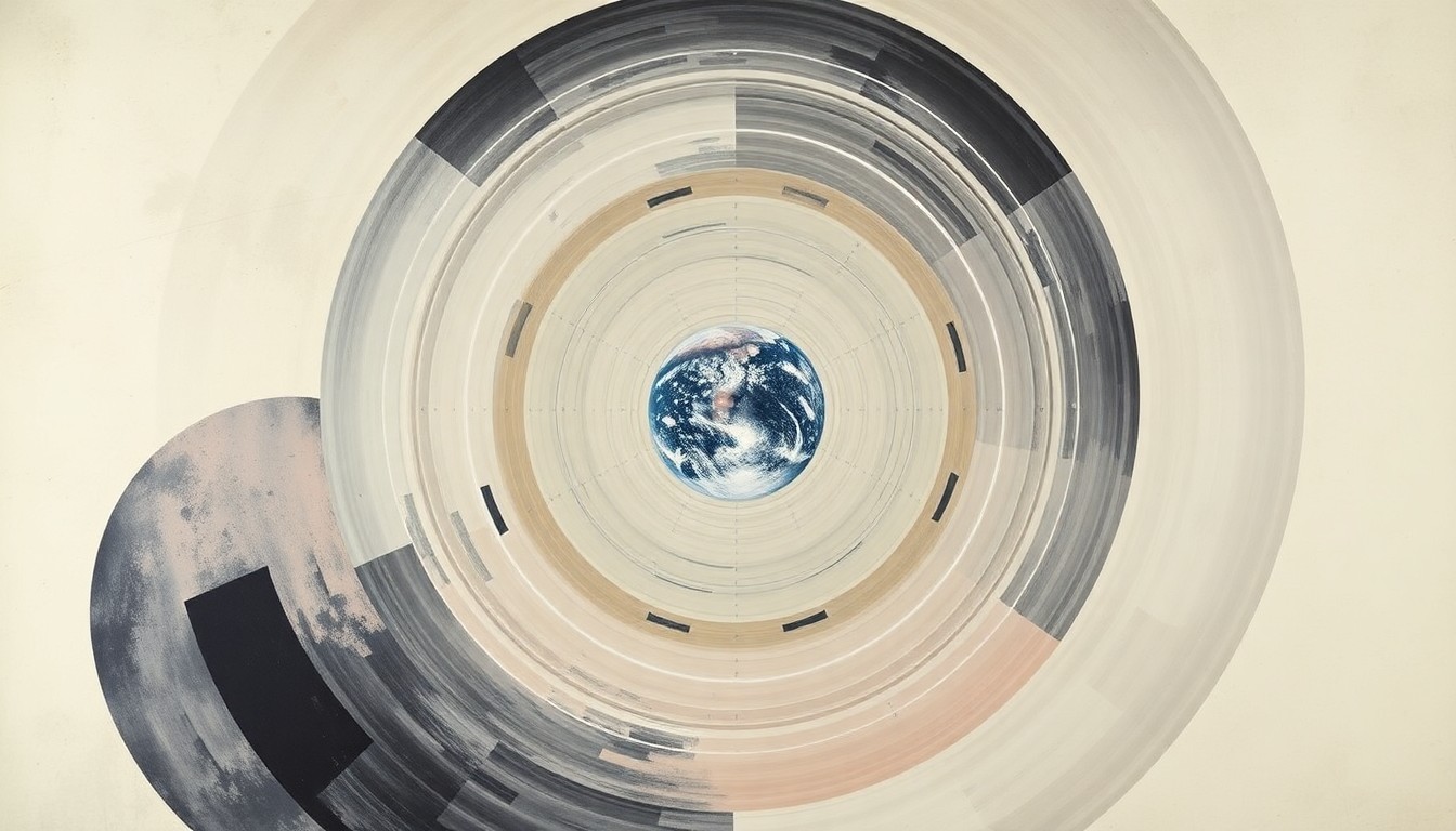 An abstract painting in muted tones featuring sweeping geometric arcs, concentric circles, and precise celestial spirals, conceptually representing the profound experience of the Artemis II astronauts as they gazed upon Earth from the vastness of space.