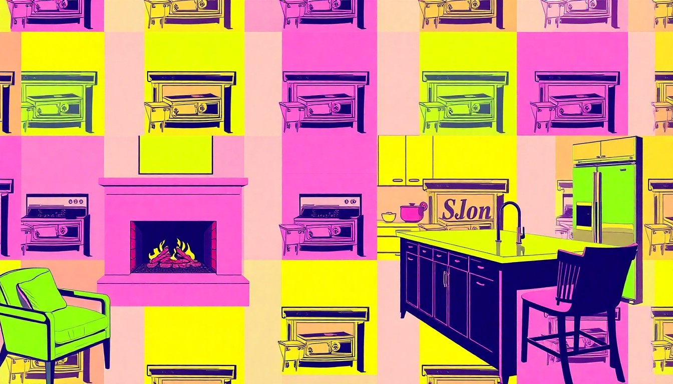 A high-contrast, silkscreen-style illustration featuring a repeating pattern of a luxury home fireplace in vibrant neon colors, conceptually representing the exceptional features of this Spokane property.