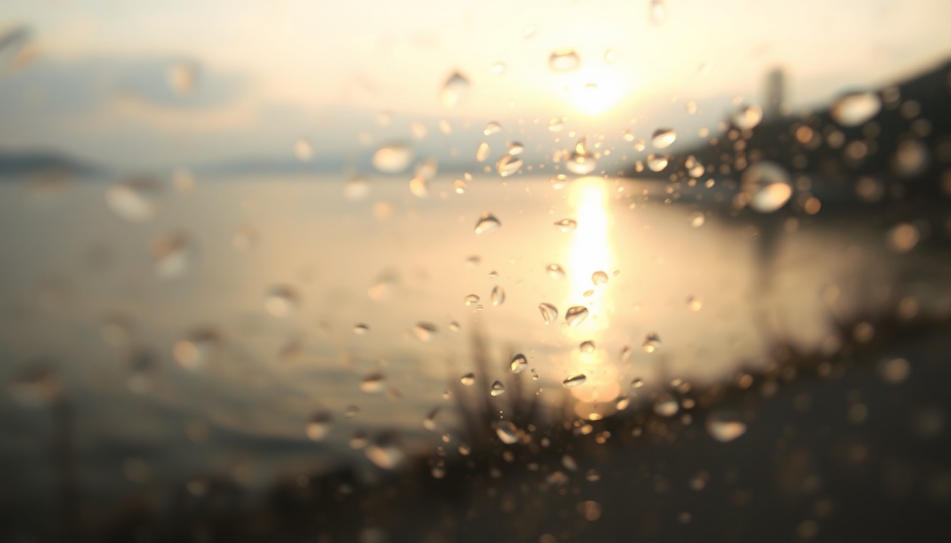 An extremely blurred, impressionistic photograph of a serene lakefront scene with soft, golden light reflecting on the water's surface and muted, earthy colors in the background, conveying a sense of peaceful, natural beauty.