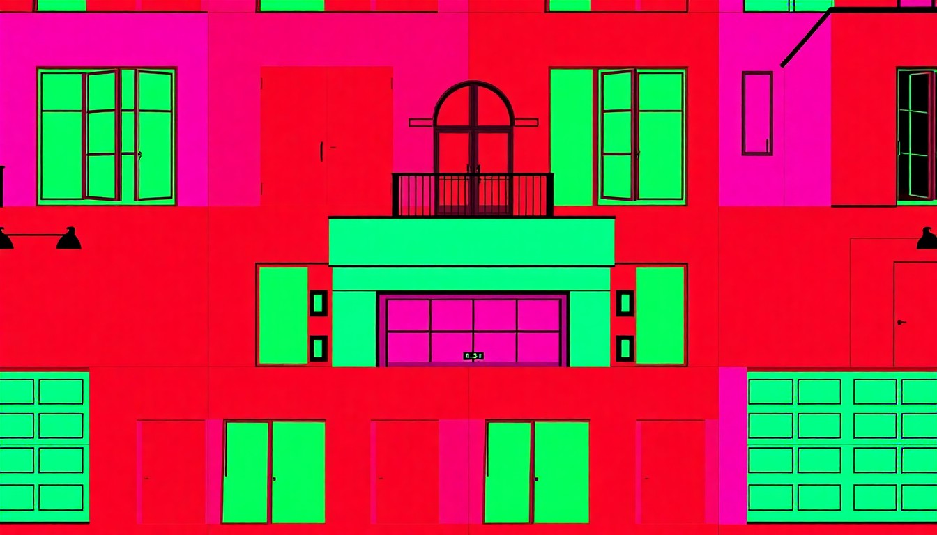 A grid of stylized, brightly colored silkscreen prints of a luxury home's front door, rendered in a high-contrast, neon color palette reminiscent of Andy Warhol's pop art, conceptually representing the upscale residential development.