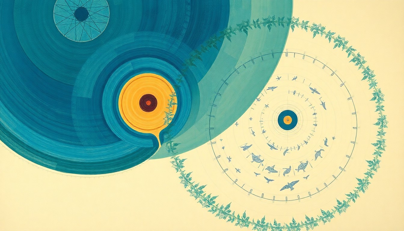 A bold, abstract painting in muted shades of blue, green, and brown, featuring sweeping geometric arcs, concentric circles, and precise botanical spirals, conceptually representing the complex interplay of ocean temperatures and marine ecosystems that is impacting seabird populations.