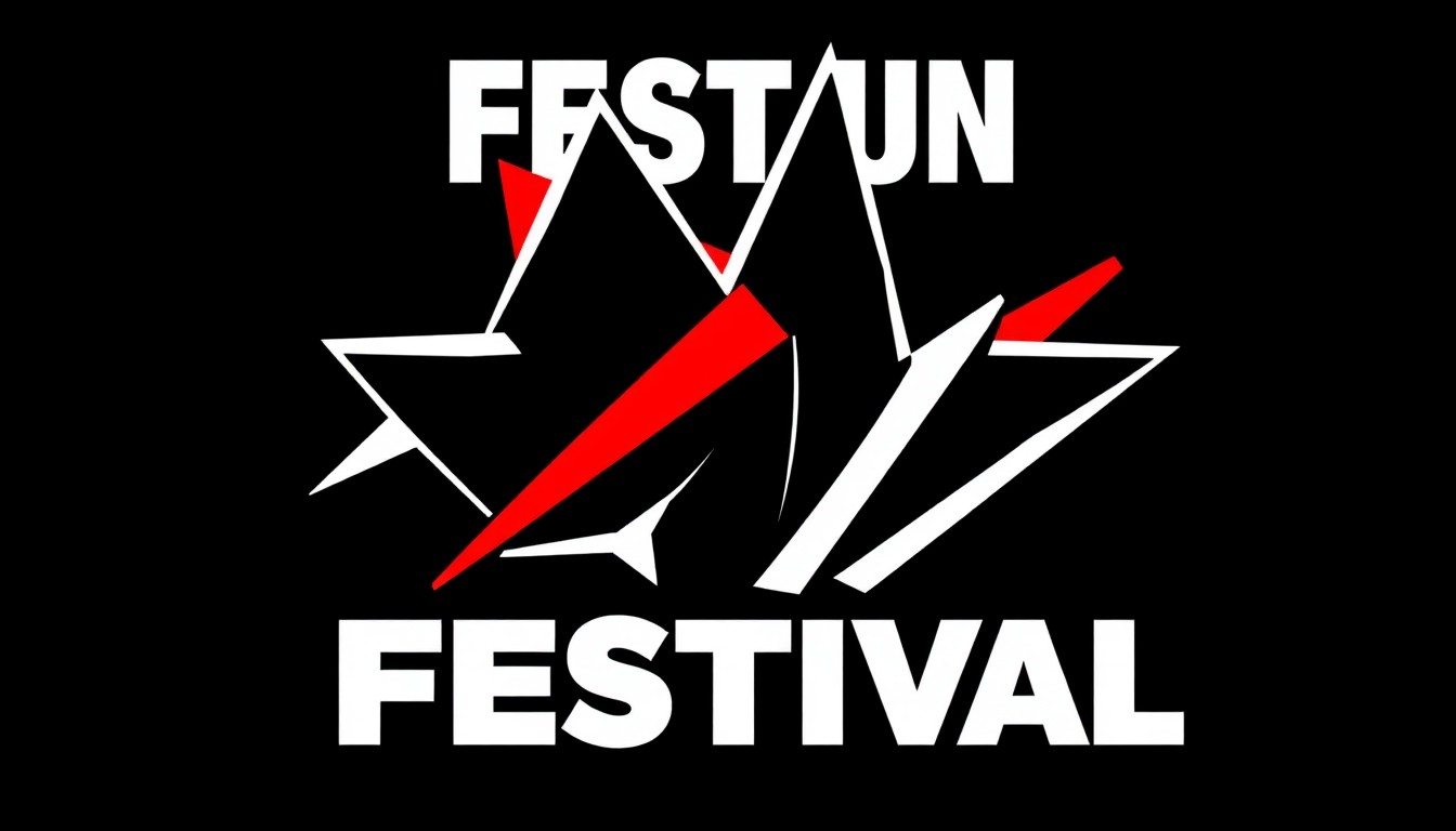 An abstract illustration featuring stark, angular shapes in black, white, and red, conveying the lively spirit of a music festival through a minimalist, graphic design.