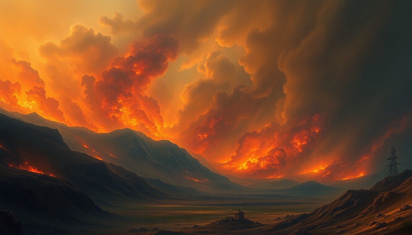 A dramatic, atmospheric landscape painting depicting a massive, raging fire consuming the horizon, with the flames and smoke overwhelming any physical structures in the scene.