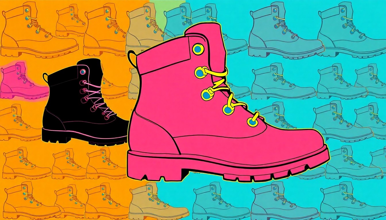 A highly stylized, brightly colored silkscreen print depicting a single hiking boot repeated in a tight grid pattern, conceptually representing the vulnerability and isolation felt by those abandoned in remote settings.