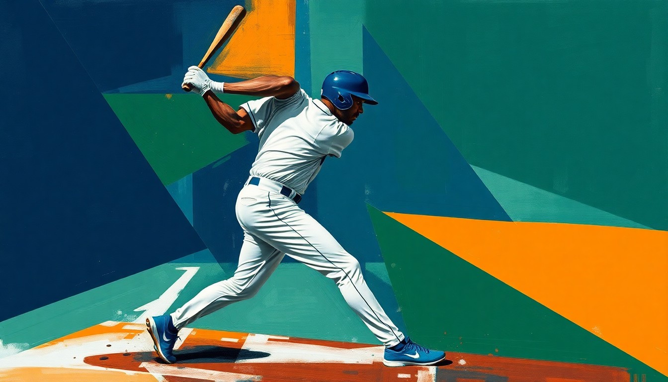 A cubist, geometric painting depicting a baseball player's swing broken down into overlapping planes of navy, green, and orange, conceptually representing the rediscovery of one's abilities through mentorship and support.