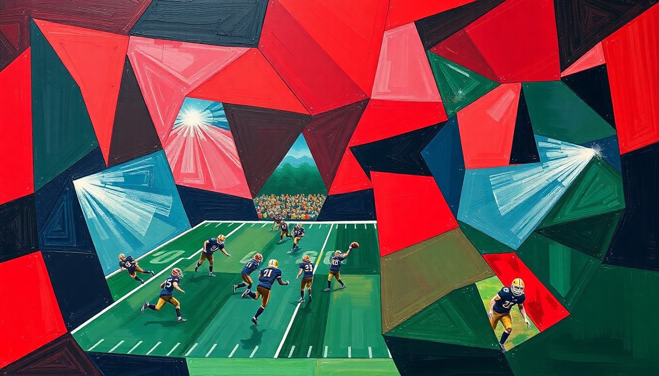 A cubist, geometric painting depicting a high school football game, with the players and field broken down into sharp, overlapping planes of deep red, navy blue, and forest green, conveying the strategic and disciplined approach the new coaches plan to bring to their teams.