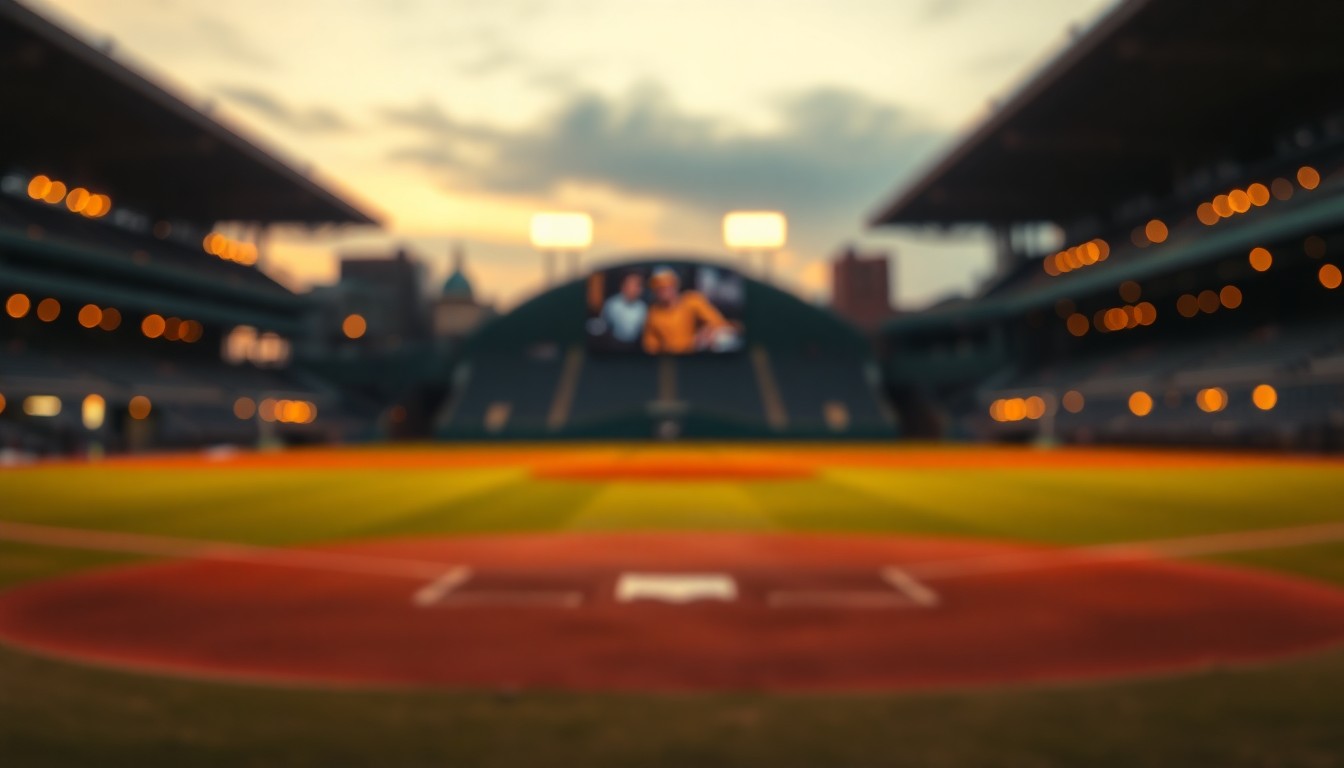 An abstract, impressionistic photograph of a blurred baseball field at sunset, with soft, warm light and color creating a contemplative, emotional mood.