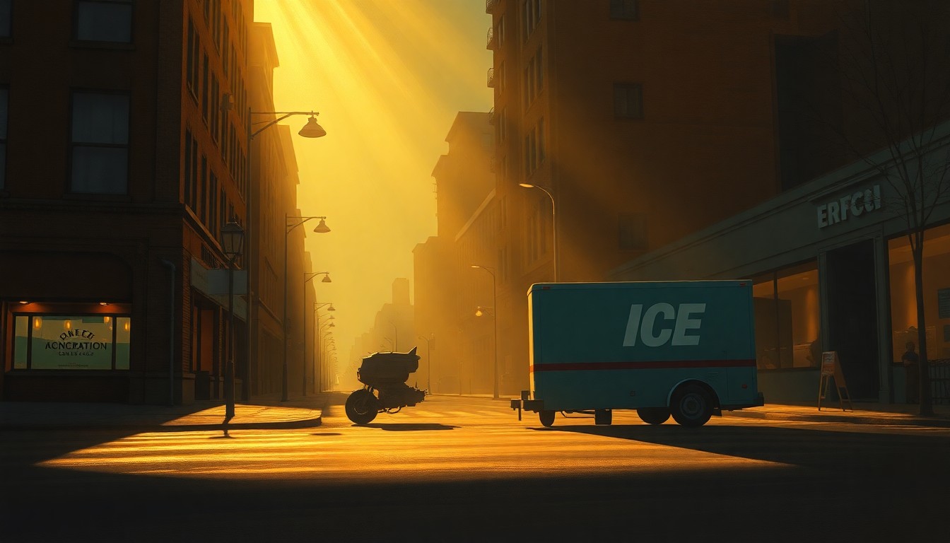 A moody, cinematic painting of a lone ICE vehicle parked on a dimly lit city street, with warm sunlight and deep shadows creating a sense of tension and unease.