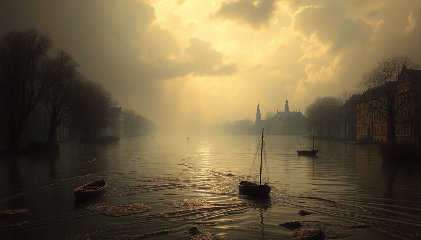 A sweeping, atmospheric landscape painting depicting a flooded canal, with the water levels rising high above the surrounding terrain and obscuring any visible structures or objects. The scene conveys a sense of the overwhelming power and scale of the natural environment.