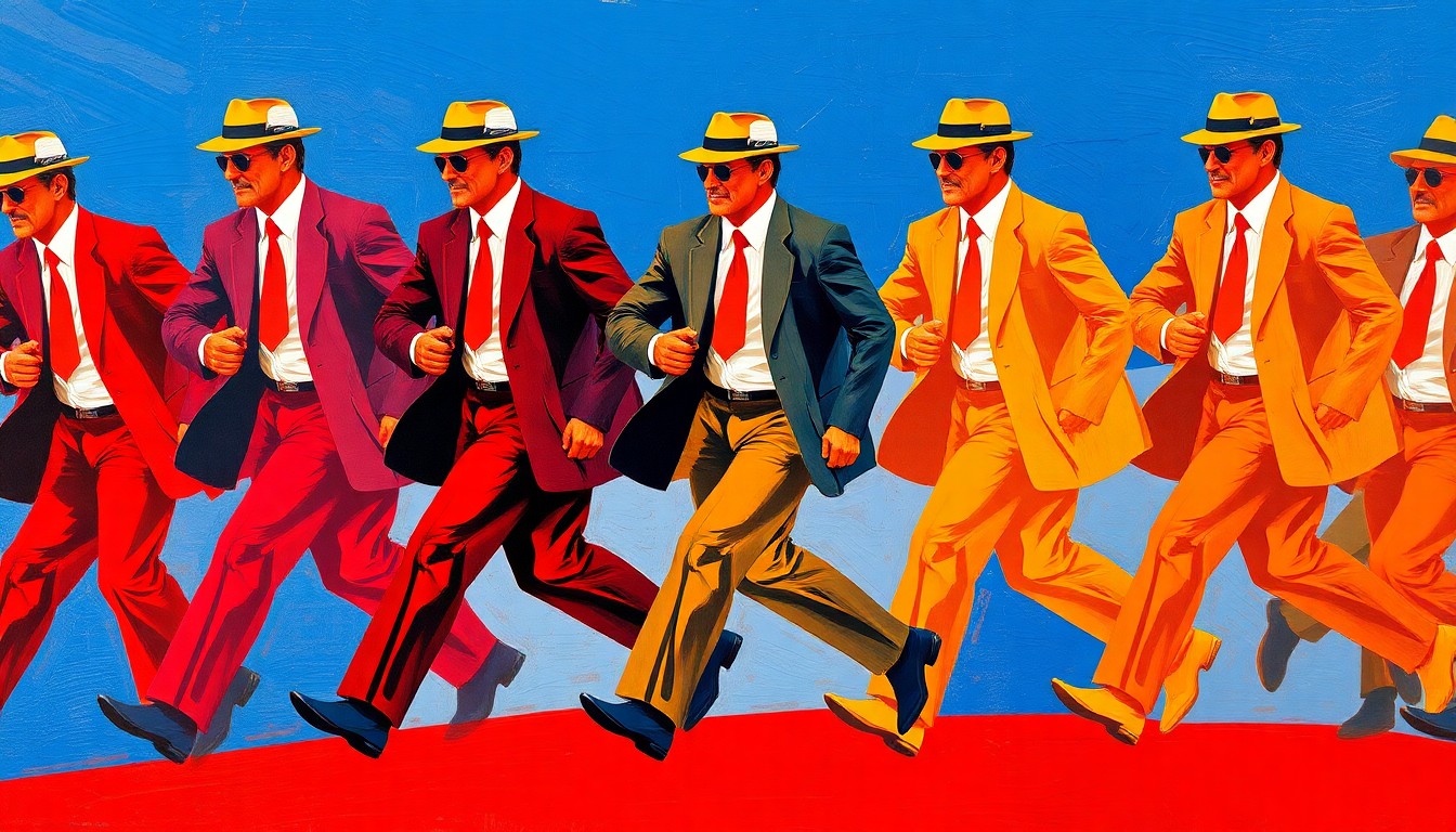 A dynamic, abstract painting of a figure in motion, repeated in fragmented, overlapping geometric shapes in vibrant blue, red, and yellow hues, conveying a sense of energy and conflict.