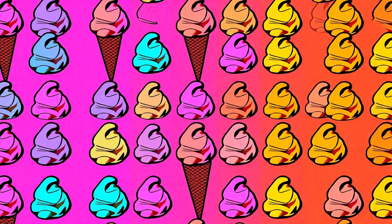 A bold, colorful silkscreen-style illustration featuring multiple repeating images of a single ice cream cone in vibrant neon shades, conceptually representing the excitement and energy of Handel's Homemade Ice Cream's grand opening celebration.