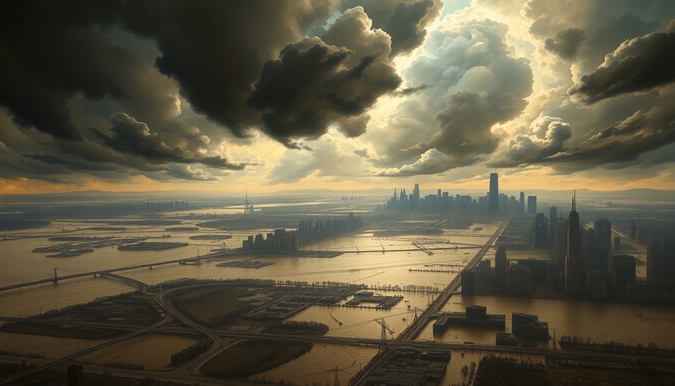A vast, atmospheric landscape painting depicting a flooded, low-lying area of Chicago surrounded by a dramatic, stormy sky. The scene uses deep perspective and dramatic lighting to convey the overwhelming, sublime scale of the natural forces at play, with the city's buildings and infrastructure dwarfed by the swirling, turbulent weather.