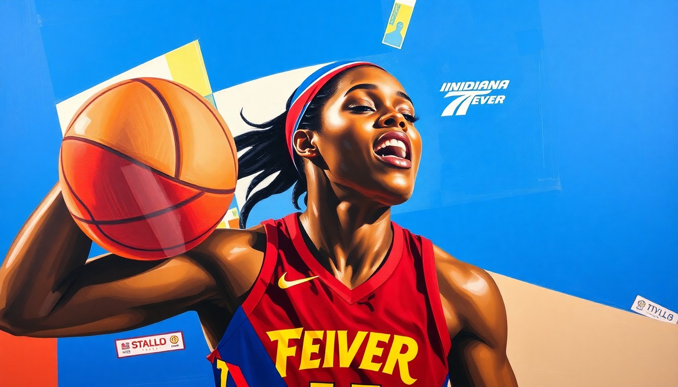 A cubist, geometric painting depicting Aliyah Boston's basketball skills and impact on the Indiana Fever, with overlapping planes of vibrant blue, red, and gold colors representing the team's uniform.