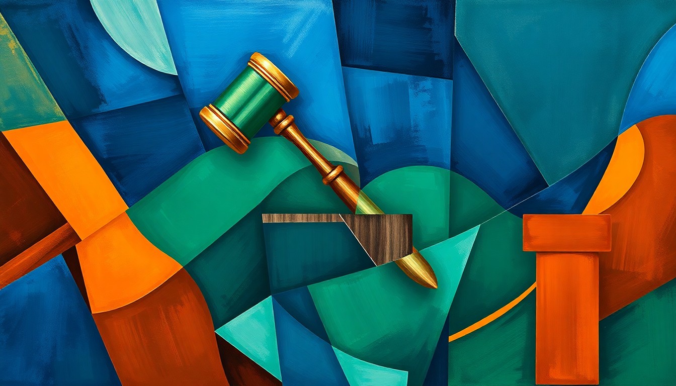 A dynamic, fragmented painting depicting abstract political symbols like a gavel, ballot box, and podium in a swirling composition of bold blue, green, and orange hues, conveying the complex tensions surrounding the county's budget process.