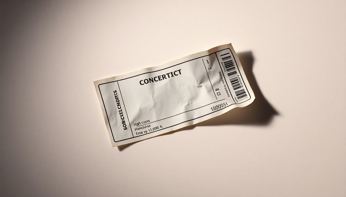A close-up photograph of a crumpled, empty concert ticket stub resting on a plain, white background, conveying the frustration of music fans with the high costs of live events.
