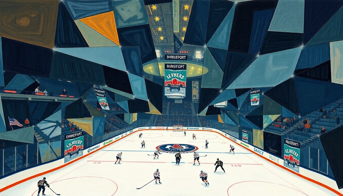 A cubist, geometric painting depicting a hockey game in motion, with overlapping planes of color and shape representing the dynamic action on the ice.