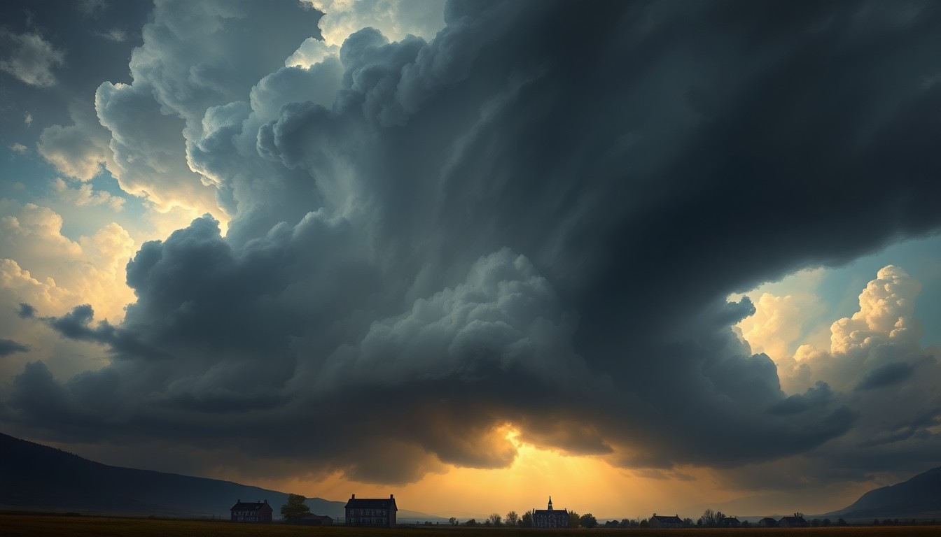 A dramatic landscape painting depicting a massive, foreboding thundercloud formation filling the sky above the silhouettes of distant school buildings, conveying the overwhelming power of the approaching severe weather.