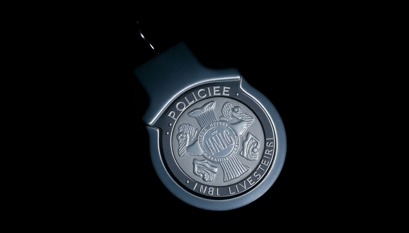 An extreme close-up photograph of a police badge or handcuffs against a pitch-black background, lit by a harsh, direct camera flash, conceptually representing the investigative nature of the Group Violence Reduction Strategy.