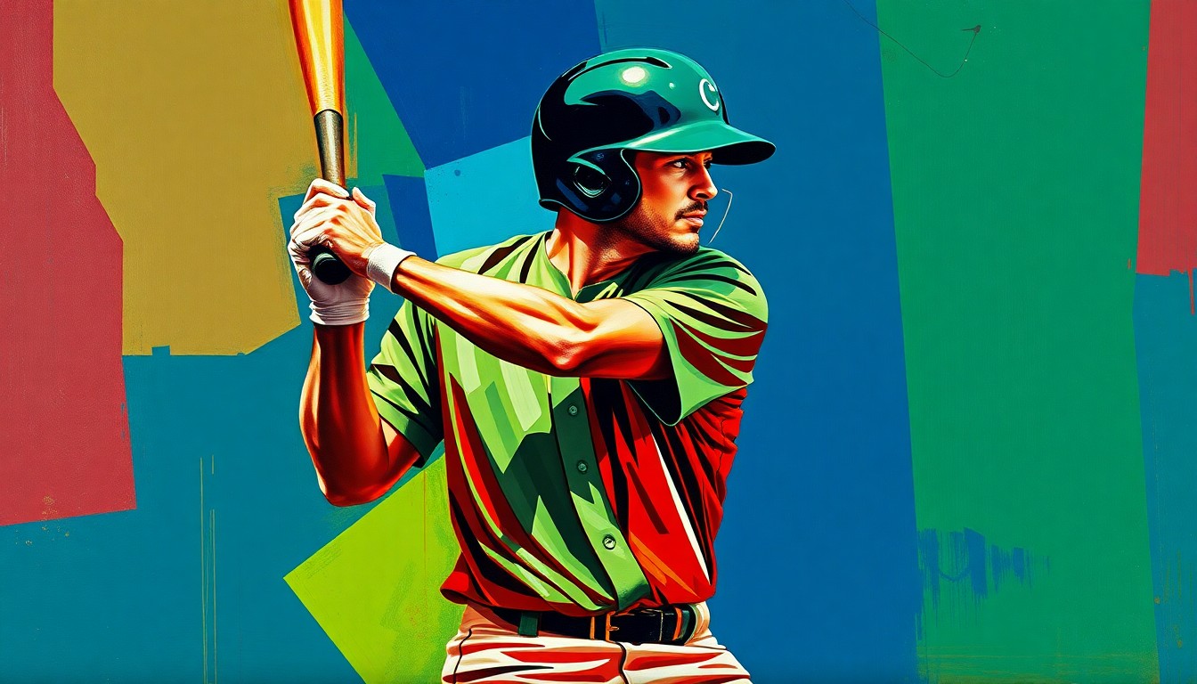 A fractured, geometric painting depicting the motion of a baseball player's swing, with sharp planes of navy, green, and red overlapping to create a dynamic, abstract representation of the sport's explosive athleticism.